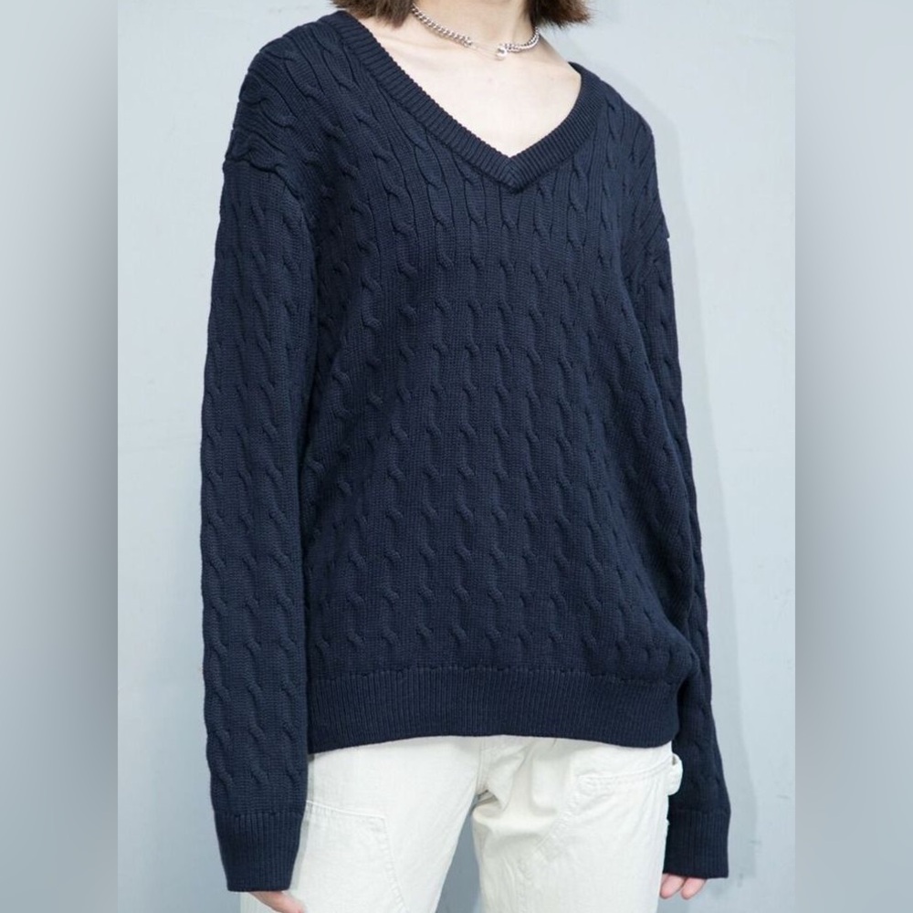 Brandy Melville Navy 90s Cable Knit Preppy Academia Oversized V Neck Sweater S